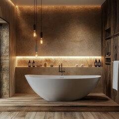 A luxurious contemporary bathroom with warm and inviting ambiance