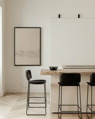 Minimalist kitchen interior with black bar stools. a wooden countertop. and a framed artwork