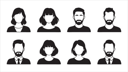 Simple Black and White Avatar Icons Male, Female, Beard, Hairstyles