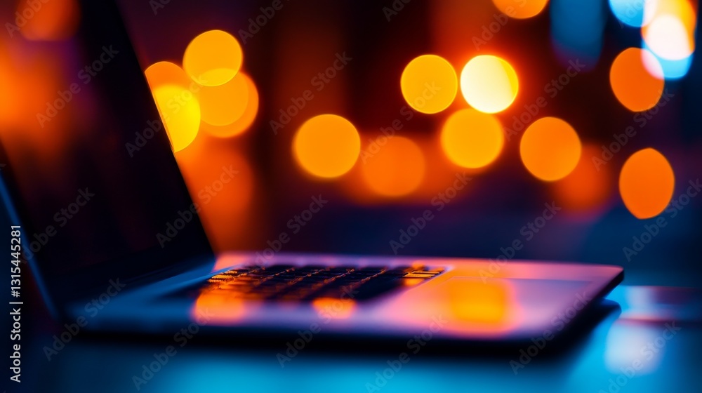 Poster a close-up of an open laptop with a blurred background of colorful bokeh light at night