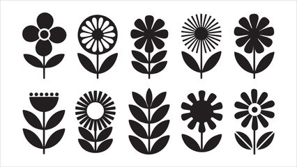 Fototapeta premium Black and White Floral Designs Simple Flower Icons Set