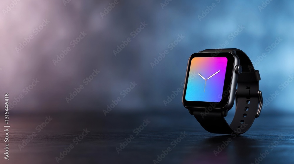 Aufkleber smartwatch with colorful gradient display on dark surface.