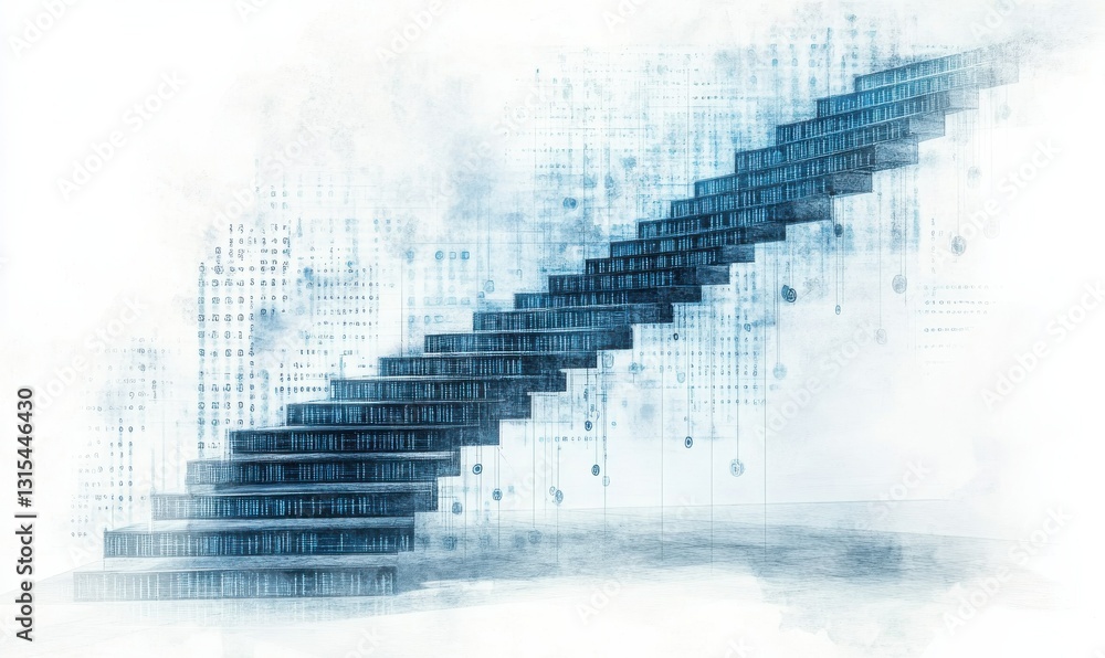 Poster binary code staircase: minimalist doodle symbolizing technological progress
