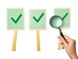 Hand Holding Magnifying Glass Inspecting Green Check Marks On Wooden Sticks Against Transparent Background, PNG