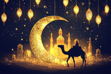 A festive eid al adha mubarak card with a golden crescent moon featuring a camel mosque silhouette and glowing stars lanterns on a bright background