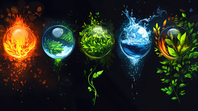 Five elements of nature represented in harmonious balance: earth, water, fire, air, and space. earth elemental. illustration. Harmonious - Garden. Illustration