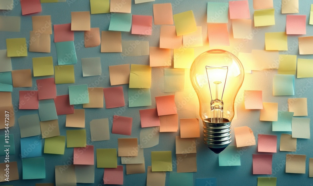 Poster bright idea concept with light bulb surrounded by colorful sticky notes reflecting creative brainsto
