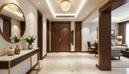 Fototapeta premium Elegant modern hallway with mirrored decor and recessed lighting, refined design
