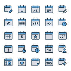 Filled blue outline icons set for Calendar, agenda, event.