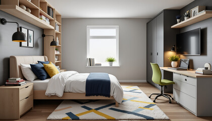 Cozy modern teenage bedroom with stylish decor for comfort and functionality