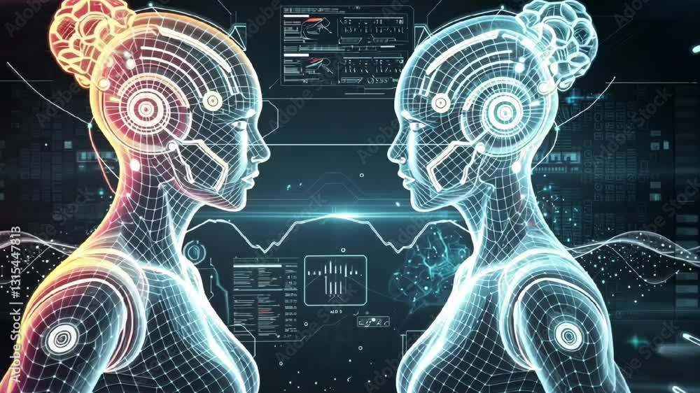 Poster artificial intelligence with two futuristic robotic faces digital technology and ai interaction