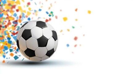 Naklejka premium Soccer ball with colorful confetti explosion on white background.