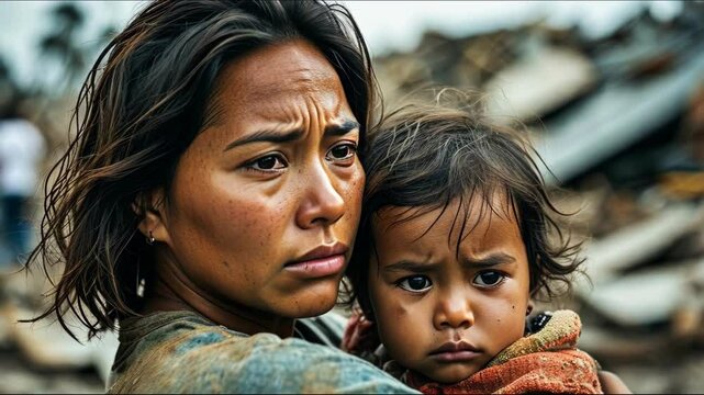 A mother holds her child, showcasing deep emotion amidst devastation