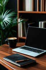 Fototapeta premium Laptop und Kaffeetasse stehen auf einem Tisch im modernen Büroambiente