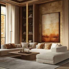 Modern interior design displays a luxurious contemporary living room space