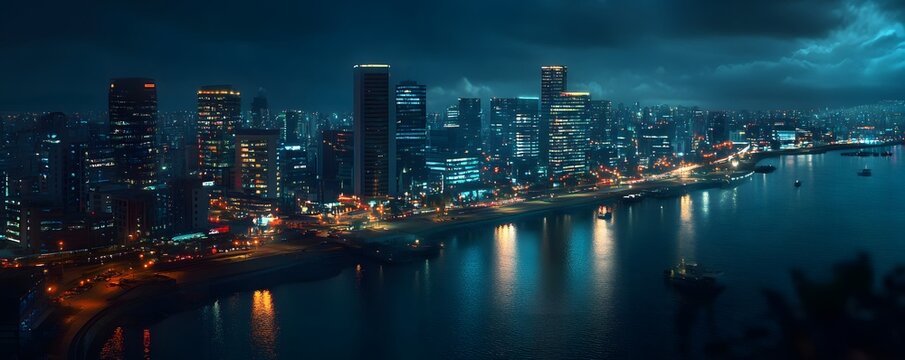 Luanda skyline at night, with coastal lights along the bay and high-rise buildings glowing against the dark sky