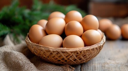 Easter. Fresh brown eggs in a wicker basket on a wooden table decorated with burlap and fir branches. Natural products, farming, cooking, coziness and ecology.