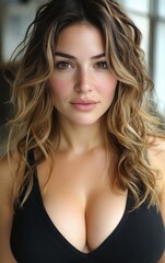 Naklejka premium A woman with wavy, shoulder-length hair poses confidently indoors. Soft natural light highlights her features, creating an inviting atmosphere