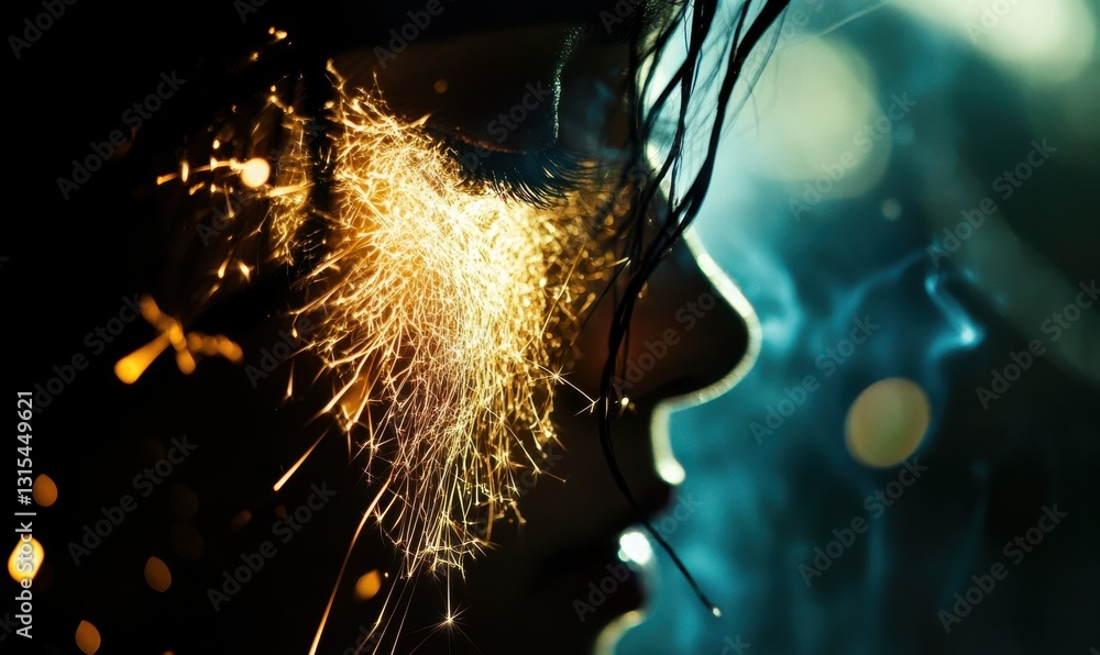 Poster close-up of a laser cutting machine creating sparks and reflections.