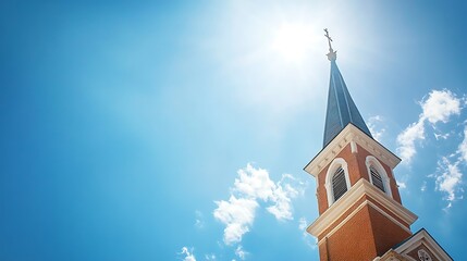 Low-angle view of church steeple against bright sunny sky.