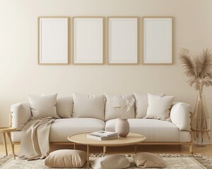 Minimalist living room with a white sofa. four empty frames on the wall. a coffee table and a vase with dried flowers