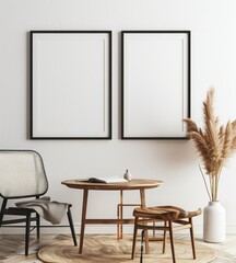 Two Empty Frames Mockup in Modern Living Room Interior with a Wooden Table and a Chair