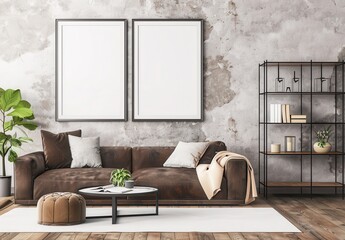 Modern living room interior with a brown sofa. two blank frames. a coffee table. a rug. a plant and a shelf