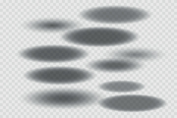 Different realistic round shadow, soft shapes on transparent background. Gray circular and ellipse shadows set. Vector illustration.