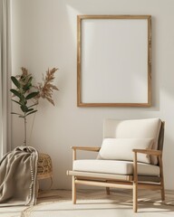 Cozy living room interior with armchair. wooden frame. and a plant. perfect for adding your own artwork