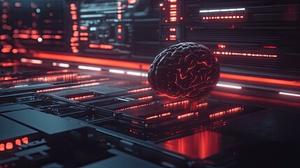 Futuristic brain on circuit board, server room