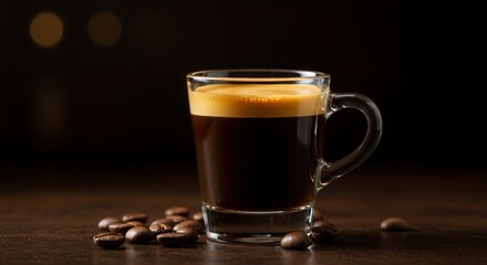 Fresh Espresso Shot in Glass Cup with Coffee Beans on Table