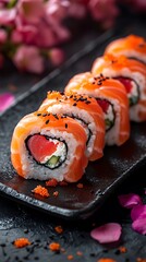 Salmon sushi rolls, restaurant, flowers