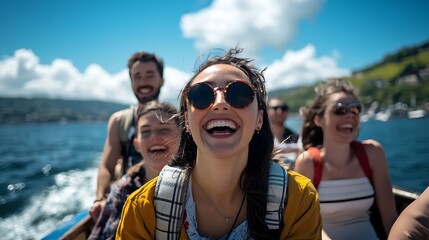 Obraz premium Happy friends laughing on a boat trip, enjoying summer vacation.
