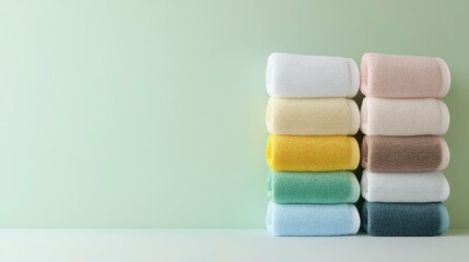 Stack of rolled pastel-colored towels against a light green background.