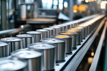 Obraz premium Metal Cans Moving on Conveyor Belt in Factory, Close-up View