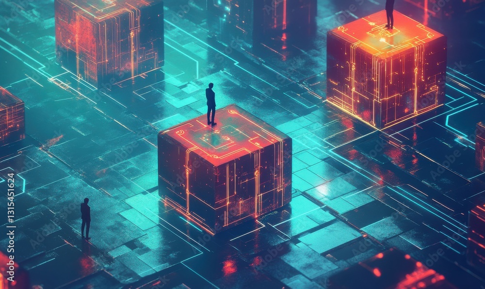 Poster digital networking concept with abstract human icons in connected cubes
