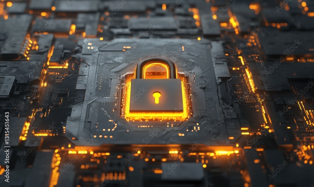 Poster digital security concept with glowing padlock and circuit board