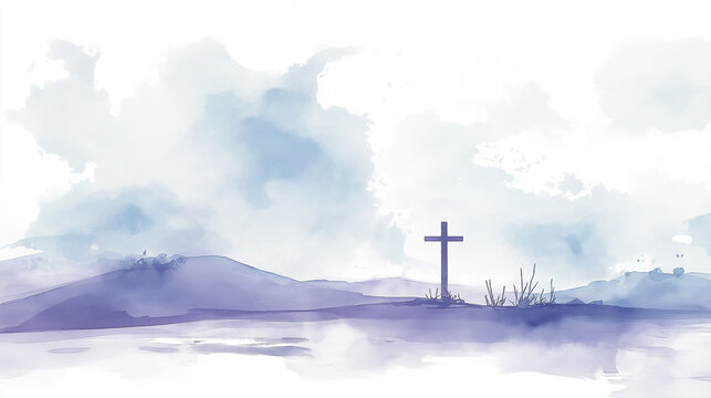 Trauriger Baum und Kreuz auf sanftem Hügel im Nebel

