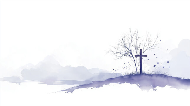 Trauriger Baum und Kreuz auf sanftem H&uuml;gel im Nebel

