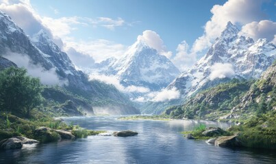 Fototapeta premium Dramatic mountain landscape with a river carving through a lush valley, clouds drifting across snow-capped peaks, breathtaking nature,