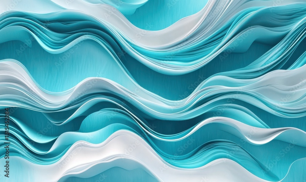 Poster dynamic wave pattern in ocean blues and turquoise, flowing lines creating a sense of movement and tr