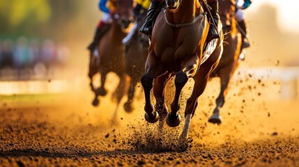 Dynamic horse race scene showcasing powerful equine legs kicking up dirt on a sunny track