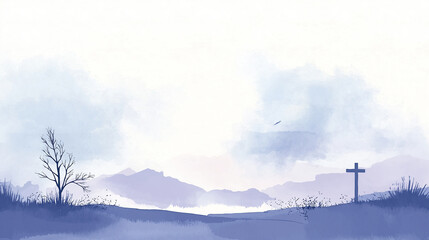 Traurige Landschaft mit Kreuz und sanften Aquarelltönen im Hintergrund

