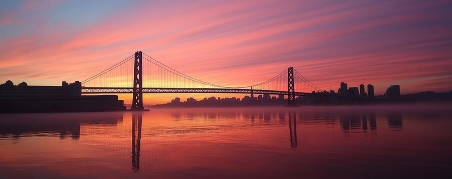 A suspension bridge spans the water during a beautiful sunrise - Powered by Adobe
