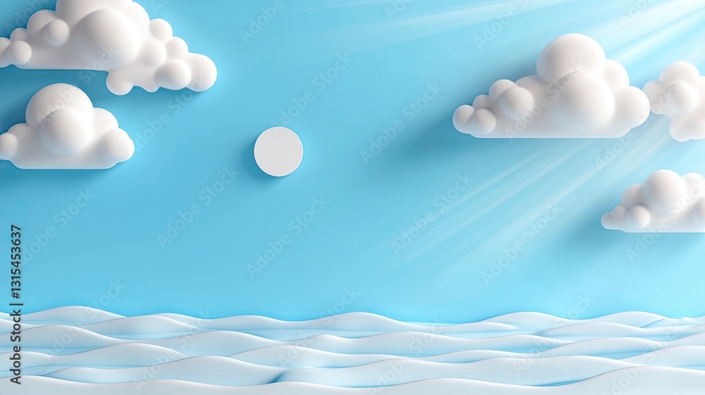 Poster stylized 3d render of a sunny day with fluffy clouds and calm ocean waves.