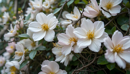 Blooming White Flowers with Yellow Centers and Green Foliage in Garden