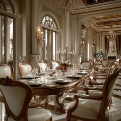 Opulent dining room with luxurious golden adornments and decor