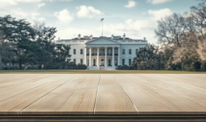 Empty table top product display showcase stage with American White House in the background