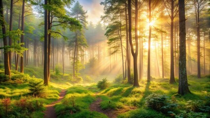 Fototapeta premium Serene forest landscape with soft, dreamy light and gentle mist, peaceful, panorama, peaceful,panorama, woodland, serene