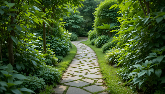 Winding Stone Path Through Lush Green Garden with Trees